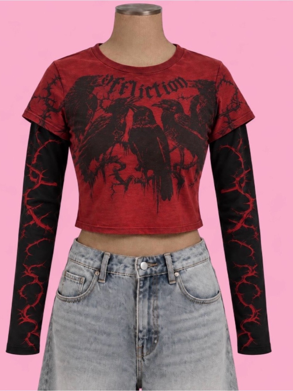 Affliction Crows Red 2fer Crop T-Shirt NWT Size S Haunted Mound Y2K